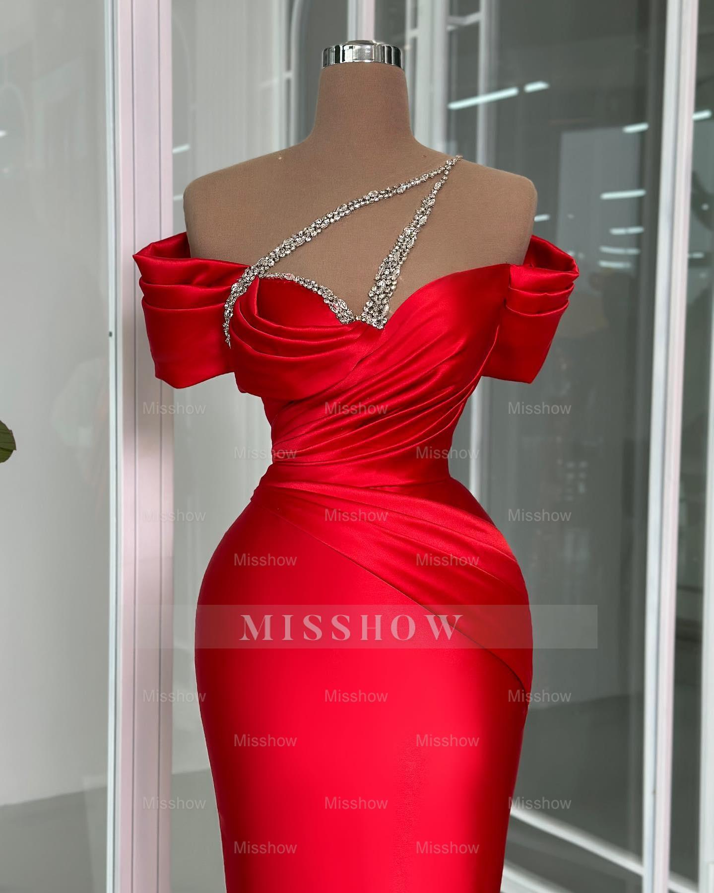 Vintage Column Off-the-shoulder Short Sleeve Beading Satin Prom Dresses