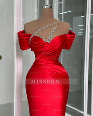 Vintage Column Off-the-shoulder Short Sleeve Beading Satin Prom Dresses