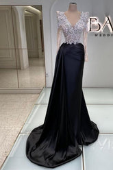 Vintage Column Satin Lace V-Neck Long Sleeve Black Prom Evening Dresses With Beading