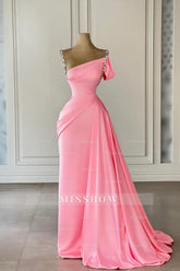 Vintage Column Satin Off-The-Shoulder Sleeveless Pink Prom Dress With Rhinestone