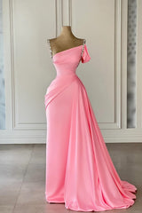 Vintage Column Satin Off-The-Shoulder Sleeveless Pink Prom Dress With Rhinestone
