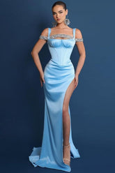 Vintage Column Satin Square Sleeveless Prom Evening Dresses With Split Front