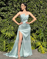 Vintage Column Satin Strapless Sleeveless Prom Dresses With Ruffles Split Train