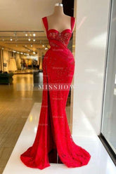 Vintage Column Satin Sweetheart Sleeveless Red Prom Dress With Split