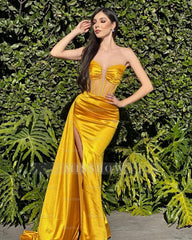 Vintage Column Satin V-Neck Sleeveless Yellow Prom Dresses With Split Front