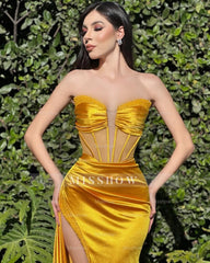 Vintage Column Satin V-Neck Sleeveless Yellow Prom Dresses With Split Front