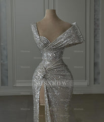 Vintage Column Sequined Off-The-Shoulder Sleeveless Silver Prom Dresses With Split Front
