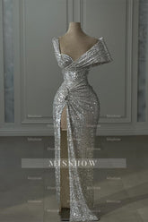 Vintage Column Sequined Off-The-Shoulder Sleeveless Silver Prom Dresses With Split Front