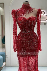 Vintage Column Tulle Sweetheart Long Sleeve Red Prom Evening Dresses With Appliques