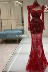 Vintage Column Tulle Sweetheart Long Sleeve Red Prom Evening Dresses With Appliques