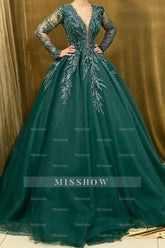 Vintage Green A-Line V-neck Long Sleeves Sequined Ball Gown Tulle Long Prom Dresses With Appliques