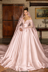Blushing pink v-neck applique ball gown wedding dress
