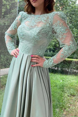 Vintage Light Green High Neck A-Line Long Sleeves Floor-Length Split Front Satin Prom Dresses