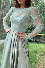 Vintage Light Green High Neck A-Line Long Sleeves Floor-Length Split Front Satin Prom Dresses