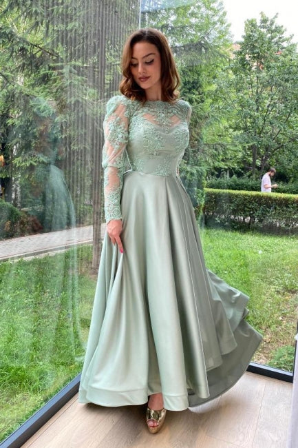 Vintage Light Green High Neck A-Line Long Sleeves Floor-Length Split Front Satin Prom Dresses