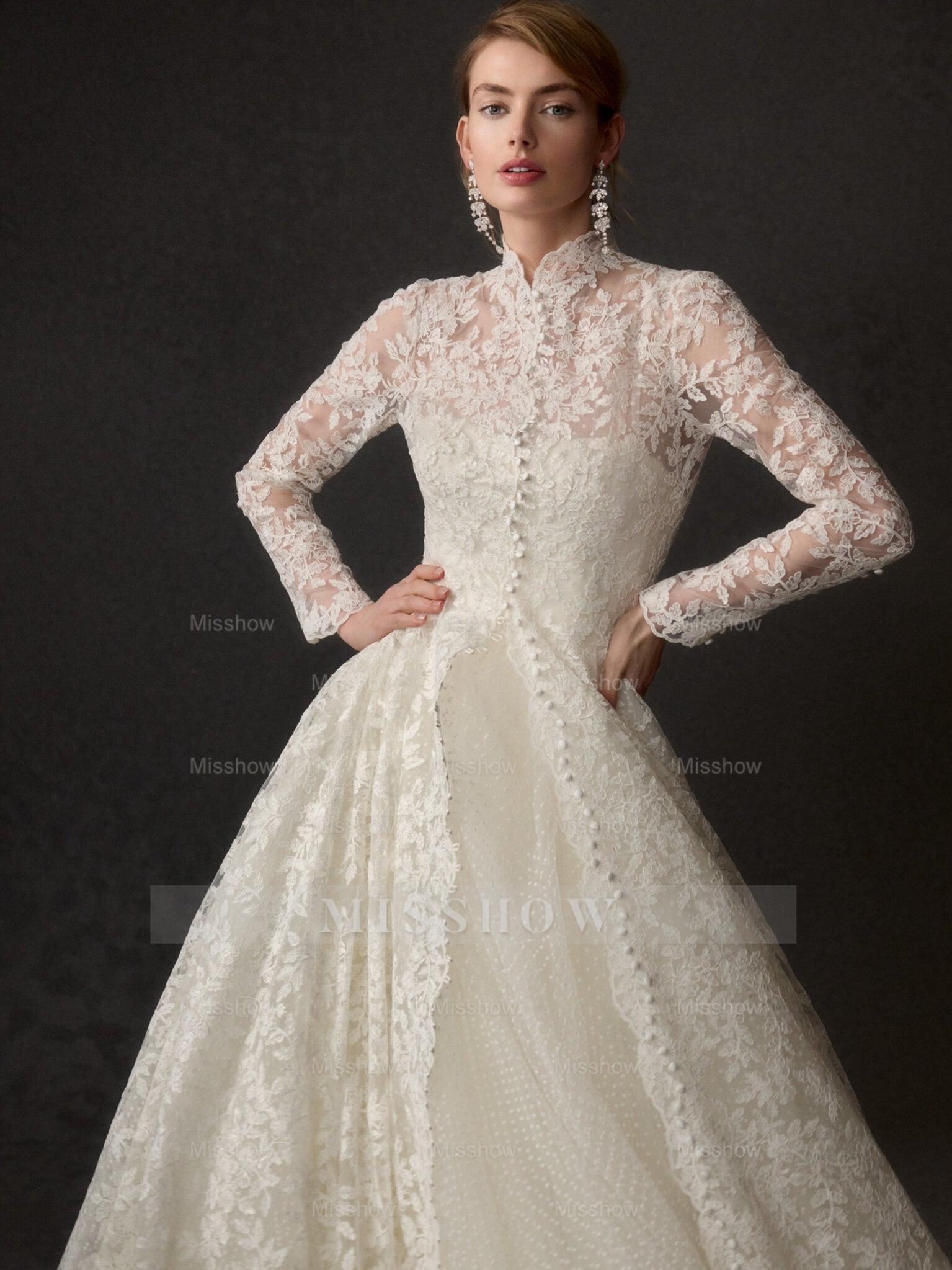 Vintage Long A-line Ivory Long Sleeves Lace Wedding Dress With Detachable Coat