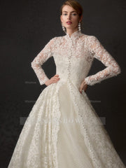 Vintage Long A-line Ivory Long Sleeves Lace Wedding Dress With Detachable Coat