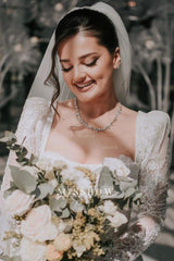 Vintage Long A-line Square Neck Lace Wedding Dress with Long Sleeves