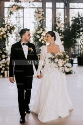 Vintage Long A-line Square Neck Lace Wedding Dress with Long Sleeves