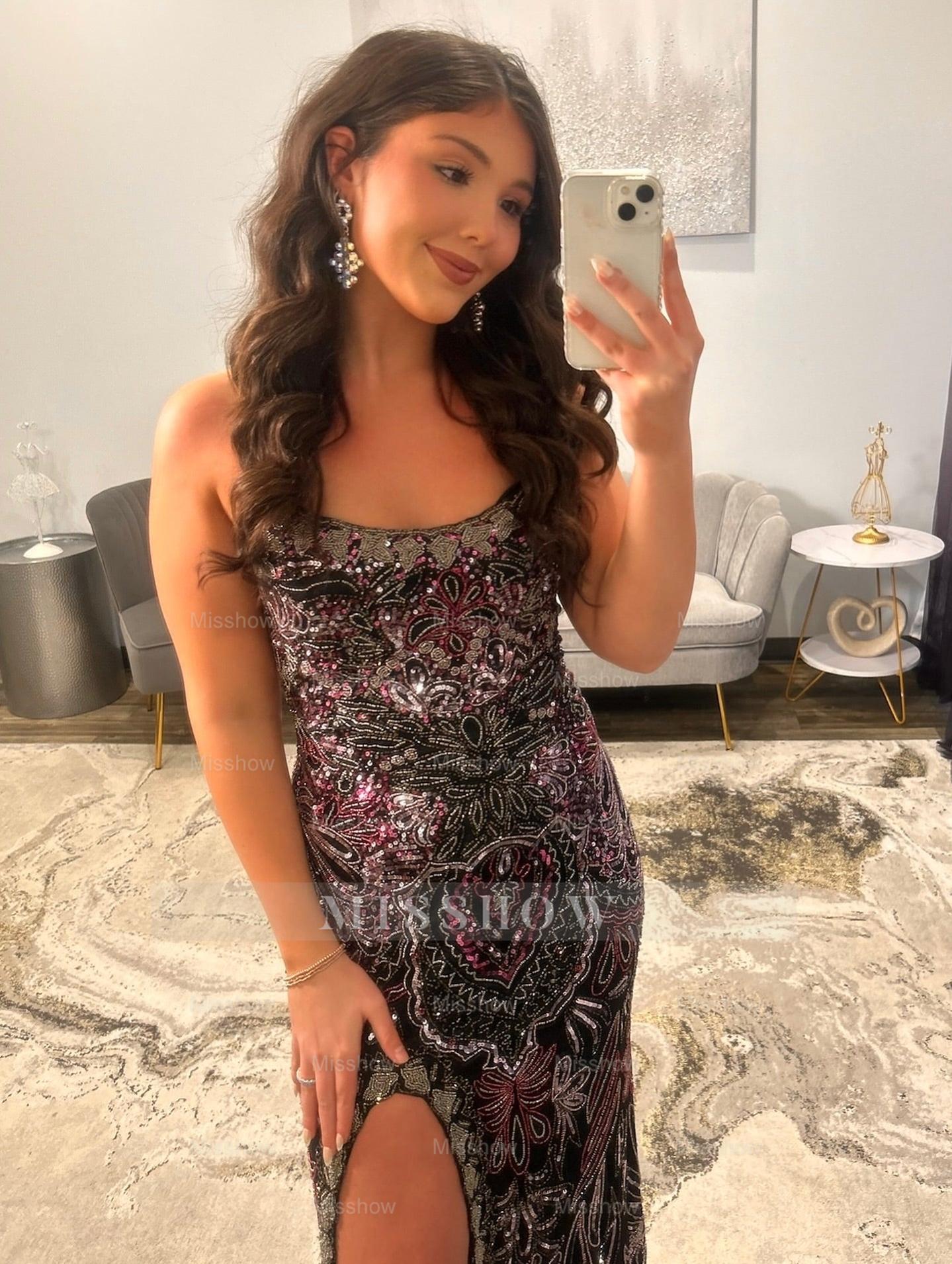 Vintage Long Black Mermaid Speghetti Straps Beaded Prom Dress with Slit