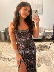 Vintage Long Black Mermaid Speghetti Straps Beaded Prom Dress with Slit