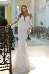 Vintage Long Ivory Mermaid Spaghetti Straps V-neck Lace Wedding Dress with Detachable Train