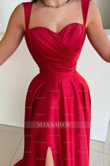 Vintage Long Red A-line Satin Pleated Sleeveless Prom Evening Dresses with Slit