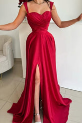 Vintage Long Red A-line Satin Pleated Sleeveless Prom Evening Dresses with Slit