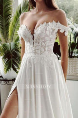 Vintage Long White A-line Off-the-shoulder Wedding Dress with Slit