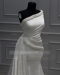 Vintage Long White One Shoulder Sleeveless Wedding Dresses With Beads