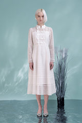 Vintage Tea Length White Scoop Neckline Long Sleeves Dress