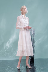 Vintage Tea Length White Scoop Neckline Long Sleeves Dress