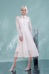 Vintage Tea Length White Scoop Neckline Long Sleeves Dress