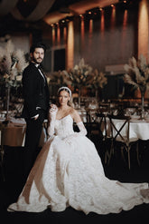 White strapless lace ball gown wedding dress
