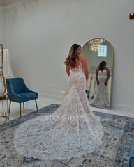 Vintage White Boho Mermaid Spaghetti Straps Sleeveless Lace Cathedral Train Wedding Dress