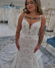 Vintage White Boho Mermaid Spaghetti Straps Sleeveless Lace Cathedral Train Wedding Dress
