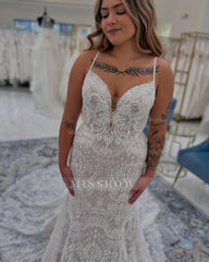 Vintage White Boho Mermaid Spaghetti Straps Sleeveless Lace Cathedral Train Wedding Dress