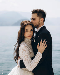 Vintage White High-Neck A-Line Long Sleeves Ball Gown Cathedral Train Lace Wedding Dresses