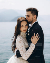 Vintage White High-Neck A-Line Long Sleeves Ball Gown Cathedral Train Lace Wedding Dresses