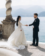 Vintage White High-Neck A-Line Long Sleeves Ball Gown Cathedral Train Lace Wedding Dresses