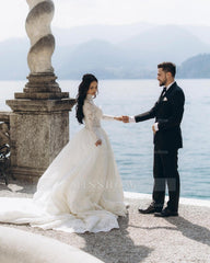 Vintage White High-Neck A-Line Long Sleeves Ball Gown Cathedral Train Lace Wedding Dresses