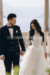 Vintage White High-Neck A-Line Long Sleeves Ball Gown Cathedral Train Lace Wedding Dresses