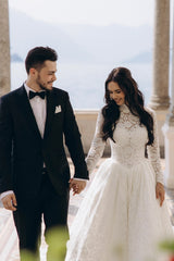 Vintage White High-Neck A-Line Long Sleeves Ball Gown Cathedral Train Lace Wedding Dresses