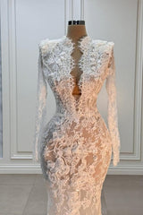 Vintage White Mermaid High-Neck Long Sleeve Floor-Length Lace Wedding Dresses