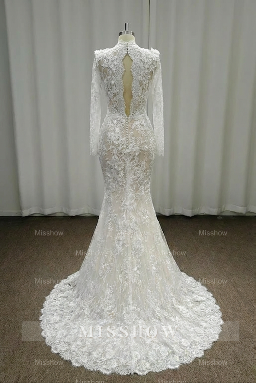 Vintage White Mermaid High-Neck Long Sleeve Floor-Length Lace Wedding Dresses