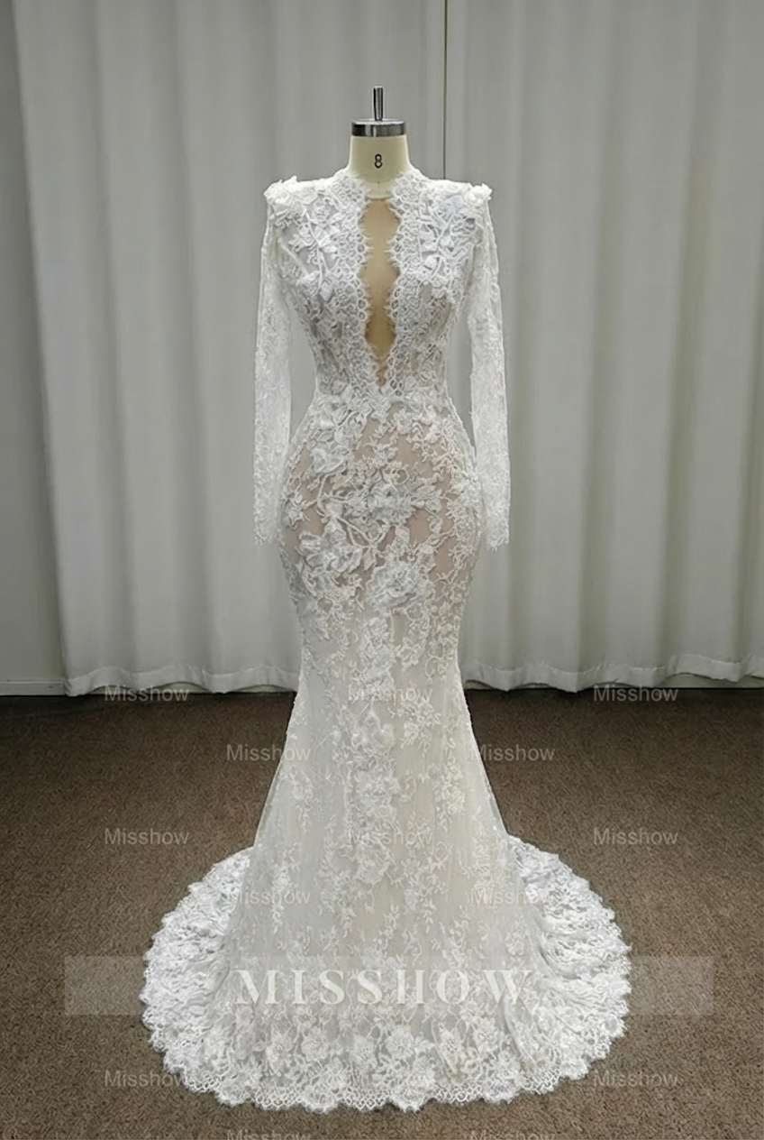 Vintage White Mermaid High-Neck Long Sleeve Floor-Length Lace Wedding Dresses
