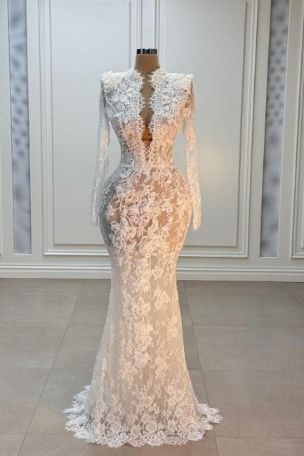 Vintage White Mermaid High-Neck Long Sleeve Floor-Length Lace Wedding Dresses