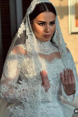 Vintage White Mermaid High-Neck Sequined Long Sleeve Panel Train Lace Wedding Dresses With Appliques