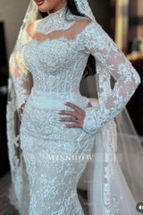 Vintage White Mermaid High-Neck Sequined Long Sleeve Panel Train Lace Wedding Dresses With Appliques