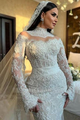 Vintage White Mermaid High-Neck Sequined Long Sleeve Panel Train Lace Wedding Dresses With Appliques